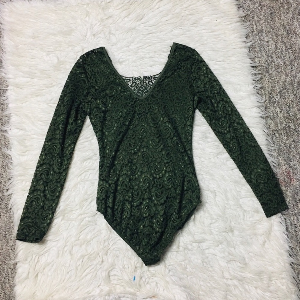 Charlotte Russe Paisley Lace Long Sleeve Bodysuit Olive Green Small Night Out - Picture 6 of 8
